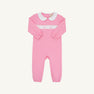 The Beaufort Bonnet Company Rigsby Romper - Hamptons Hot Pink with Worth Avenue White and Bow Smocking featuring a white Peter Pan collar and white bow smocking across the chest.