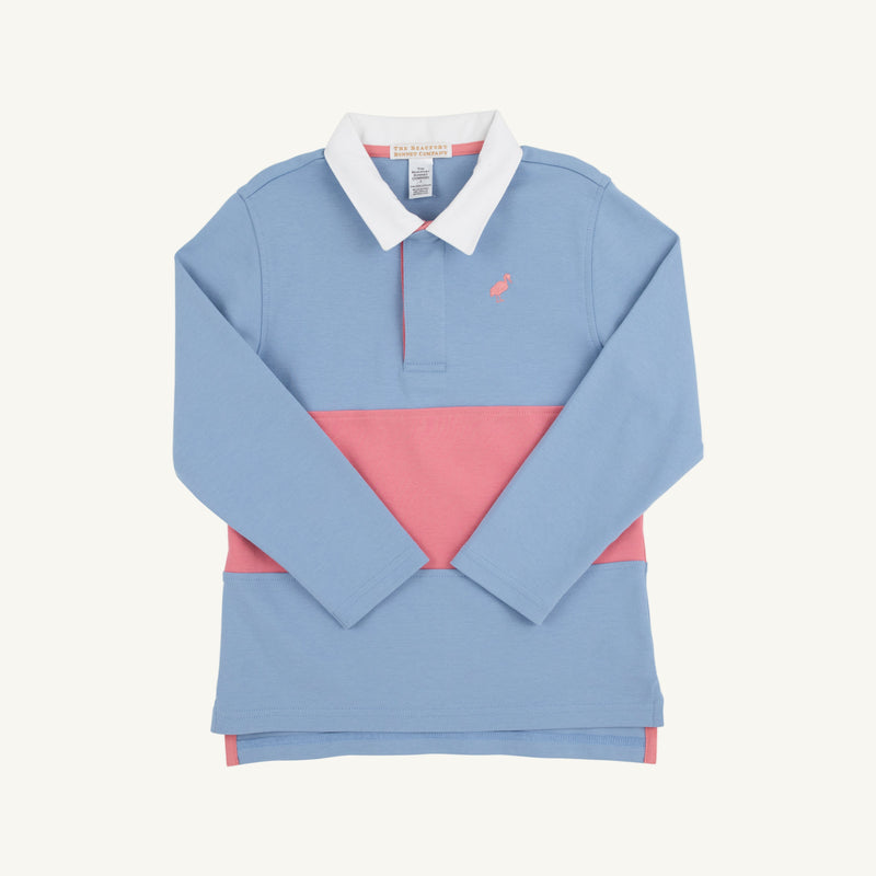 Rollins Rugby Shirt - Barrington Blue, Worth Avenue White, & Nantucket Red with Nantucket Red Stork