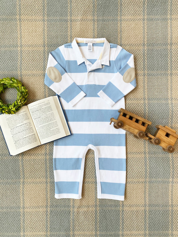 Sir Proper's Rugby Romper - Barrington Blue Stripe with Keeneland Khaki Stork