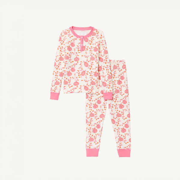 Introducing the Sara Jane’s Sweet Dreams Set - Gourd-geous (Palmetto Pearl) with Palm Beach Pink by The Beaufort Bonnet Company: this cozy cotton, long-sleeve pajama set features chic Palm Beach Pink cuffs and collar and a charming all-over gourd-inspired print on a white Palmetto Pearl background. Perfect for girls, these fall pajamas combine comfort and style for cooler nights.