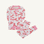 Sara Jane’s Sweet Dream Set - Bonnie Scot Bows with Hamptons Hot Pink: a white long-sleeved Pima cotton pajama set with a pink and red bow print, a henley neckline, and pink ribbed cuffs.