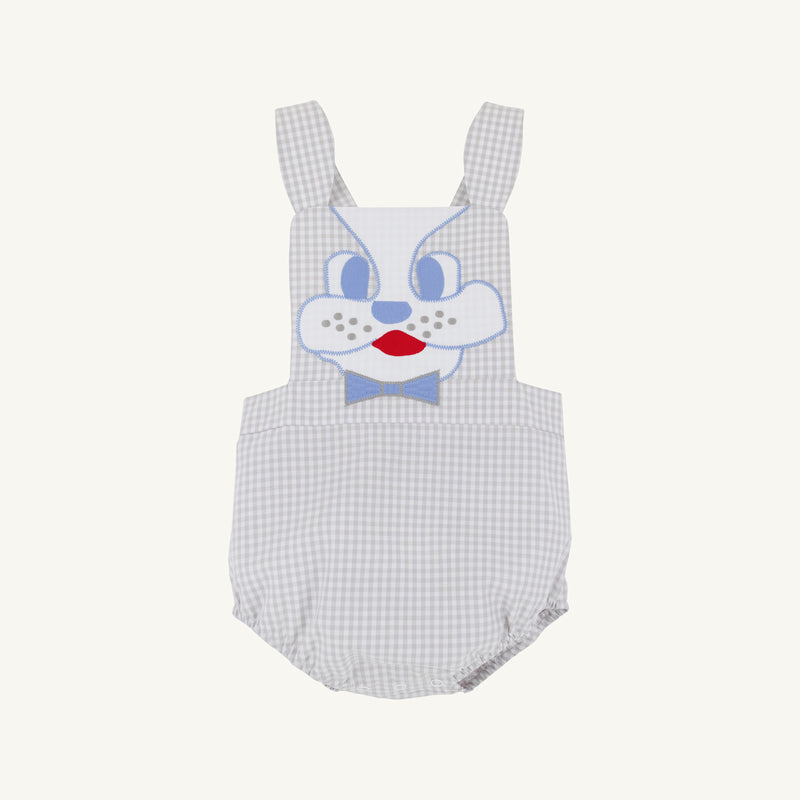 Sayre Sunsuit - Grantley Gray Mini Gingham with Dog Applique