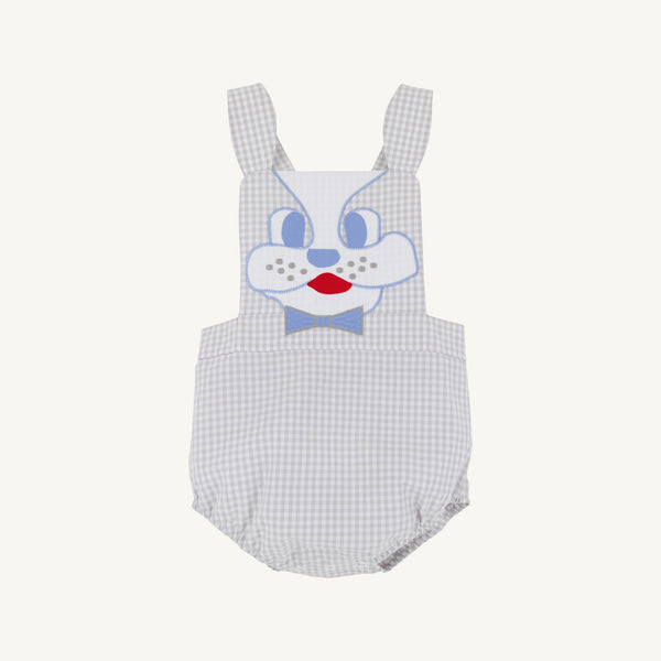 Sayre Sunsuit - Grantley Gray Mini Gingham with Dog Applique