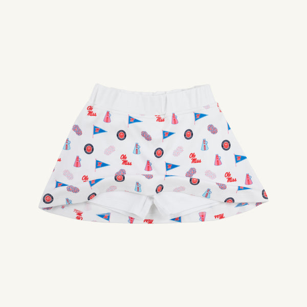 Introducing the Ole Miss Searcy Skort - Gawsh Almighty with Worth Avenue White by The Beaufort Bonnet Company—a classic white Pima cotton skort adorned with the vibrant Gawsh Almighty print, featuring colorful Ole Miss-themed designs like pennants, football helmets, pom-poms, megaphones, and “Ole Miss” lettering for an extra dose of school spirit.