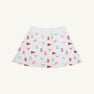 The Texas Searcy Skort - Gone to Texas with Worth Avenue White by The Beaufort Bonnet Company features a playful all-over Gone to Texas print showcasing red and blue pennants, cheerleader megaphones, pom-poms, and cow heads. This vibrant and colorful design pops against the crisp white background.