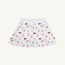 The Alabama Searcy Skort by The Beaufort Bonnet Company in Sweet Home Honey with Worth Avenue White features a playful pattern of maroon pennants, pink pom-poms, small cheerleader icons, and megaphones scattered across its soft Pima Cotton Knit fabric.