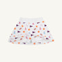 Clemson Searcy Skort - Tiger Triumph with Worth Avenue White by The Beaufort Bonnet Company, featuring orange paw prints, purple pennant flags, and blue and pink megaphone and pom-pom illustrations on a white background, displayed on a plain light surface.