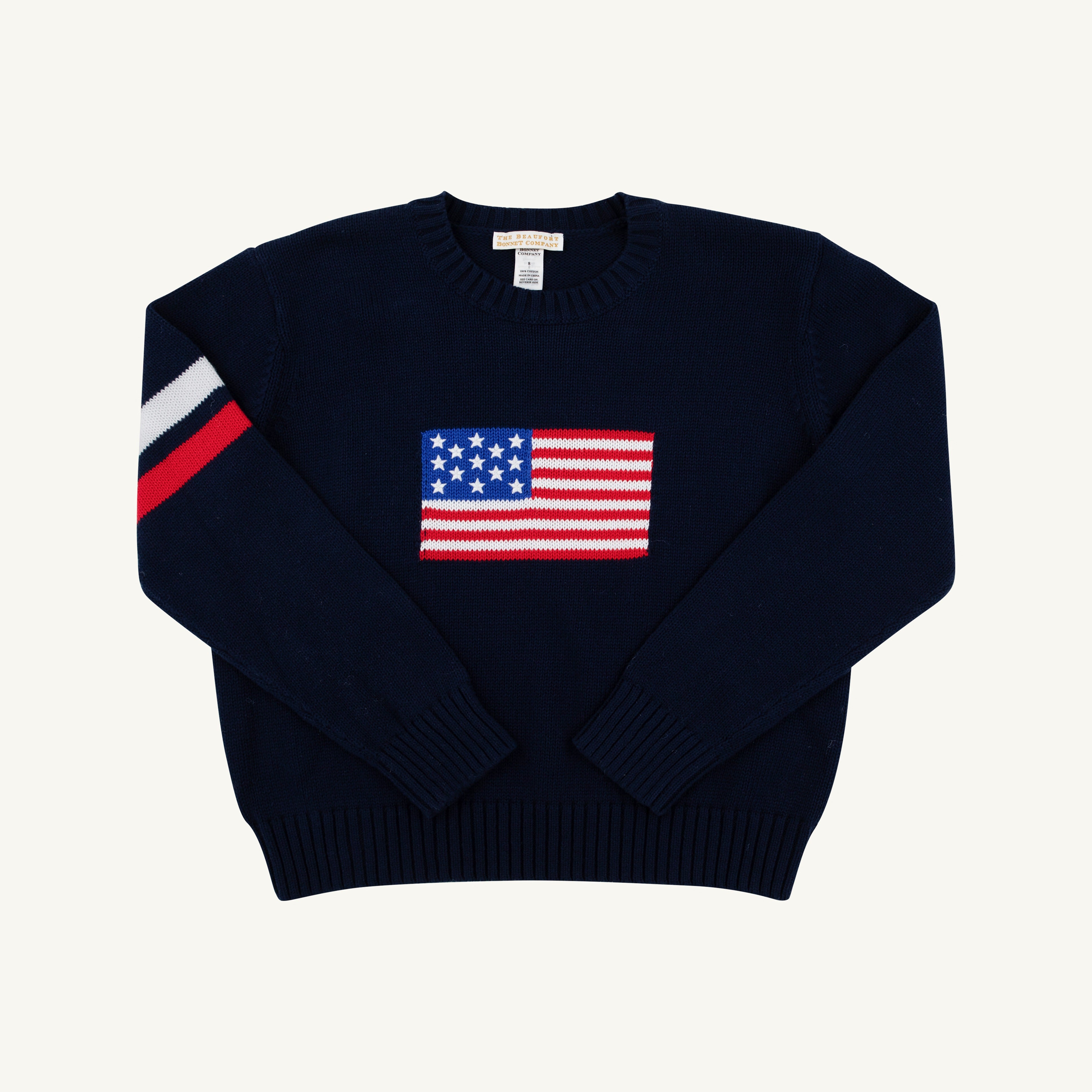 Seaton Intarsia Sweater - Nantucket Navy, Worth Avenue White & Richmond Red Stripes with American Flag