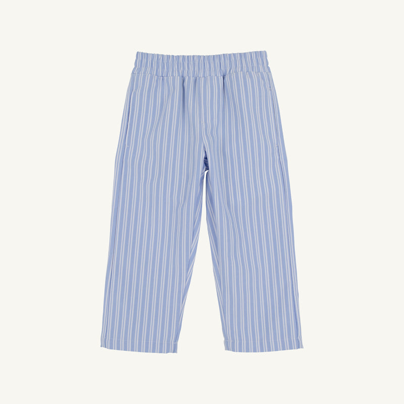 Sheffield Pants - Park City Periwinkle Ticking Stripe with Nantucket Navy Stork pull-on trousers with an elastic waistband.