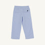 Sheffield Pants - Park City Periwinkle Ticking Stripe with Nantucket Navy Stork featuring light blue and white stripes, an elastic waistband, and a small dark blue stork embroidery on the back pocket.