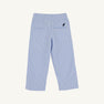Sheffield Pants - Park City Periwinkle Ticking Stripe with Nantucket Navy Stork featuring light blue and white stripes, an elastic waistband, and a small dark blue stork embroidery on the back pocket.