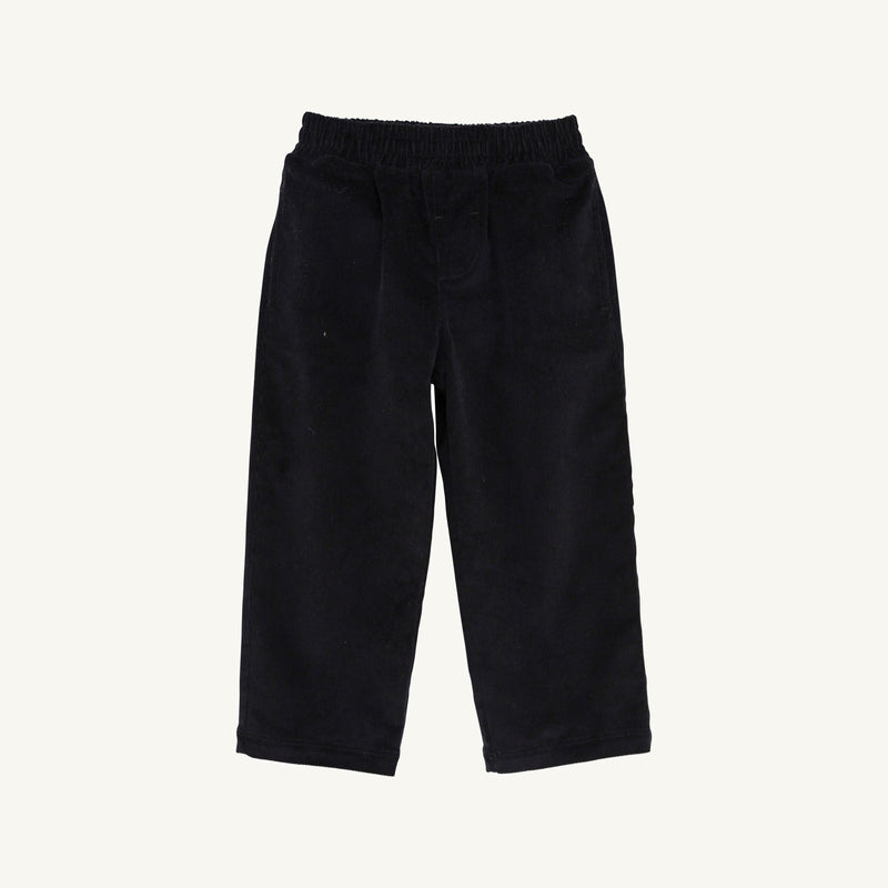 Sheffield Pants in Newport Night Corduroy with Richmond Red Stork from The Beaufort Bonnet Company are displayed flat against a plain white background. These pants feature an elastic waistband, a straight-leg cut, and a clean design with no visible pockets or decorative details.