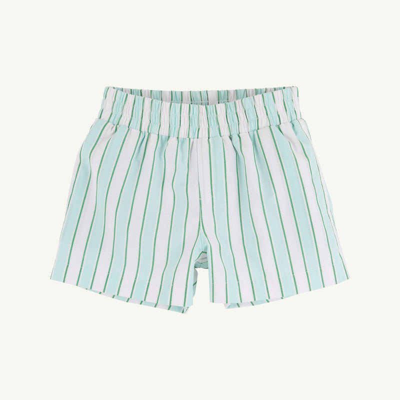 Sheffield Shorts - Tally Rd. Ticking Stripe with Green Stork