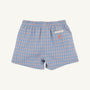 Sheffield Shorts - Wheaton Windowpane with Seashore Sherbet Stork & Pumpkin Applique by The Beaufort Bonnet Company, featuring a blue and pink windowpane plaid pattern, an elastic waistband, a back pocket, and a small stork & pumpkin applique above the pocket on a white label.