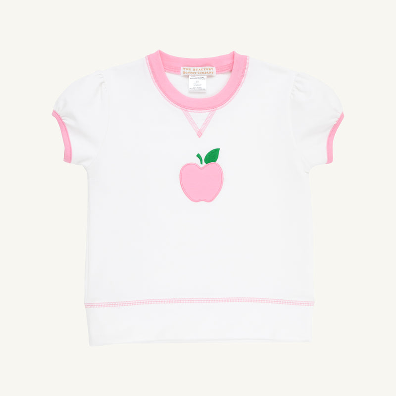 Short Puff Sleeve Cassidy Comfy Crewneck - Worth Avenue White & Hamptons Hot Pink with Apple Applique