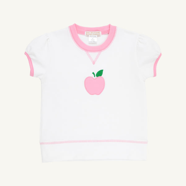 Short Puff Sleeve Cassidy Comfy Crewneck - Worth Avenue White & Hamptons Hot Pink with Apple Applique