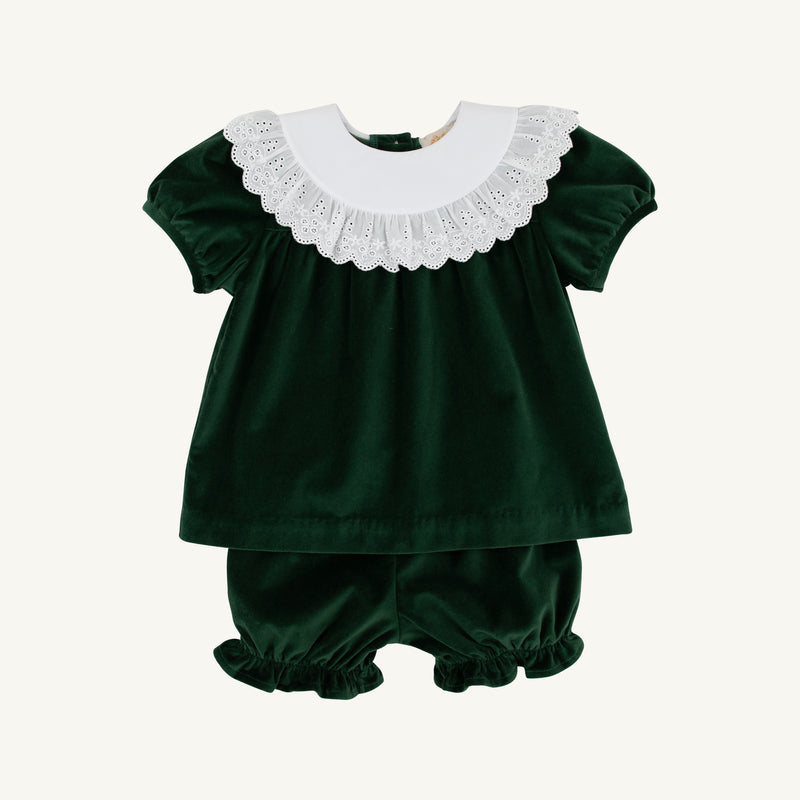 Short Sleeve Bon Air Bloomer Set - Grier Green Velveteen with Worth Avenue White