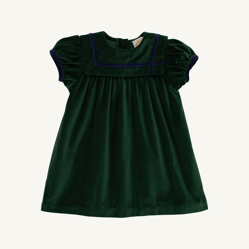 Short Sleeve Patsy's Party Dress - Grier Green Velveteen with Nantucket Navy