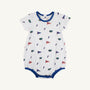 The Beaufort Bonnet Company’s Florida Short Sleeve Patton Play Bubble - Florida Forever with Florida Blue is a white baby romper adorned with a repeating print of small orange and blue flags, F letters, and alligator logos. Made from 100% Pima Cotton for ultimate comfort and softness, this short sleeve bubble features blue trim and convenient snap buttons at the bottom.