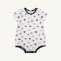 Introducing the Auburn Short Sleeve Patton Play Bubble - Tiger Thrill with Auburn Blue by The Beaufort Bonnet Company: a soft Pima cotton romper for babies featuring playful orange flags, Tigers text, and assorted logo patterns in navy and orange. This adorable bubble is trimmed with navy around the collar, sleeves, and leg openings in the distinctive Tiger Thrill print.