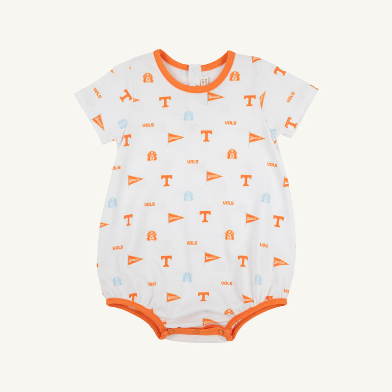 Sure! Here’s the rewritten sentence using the provided product data: Dress your little fan in The Beaufort Bonnet Company’s Tennessee Short Sleeve Patton Play Bubble - Victory in Orange with Tennessee Orange, beautifully crafted from soft Pima Cotton Knit. This white romper features vibrant orange trim and is adorned with orange and blue University of Tennessee symbols—including logos, flags, and mascots—on a plain background, making it the perfect game day outfit.