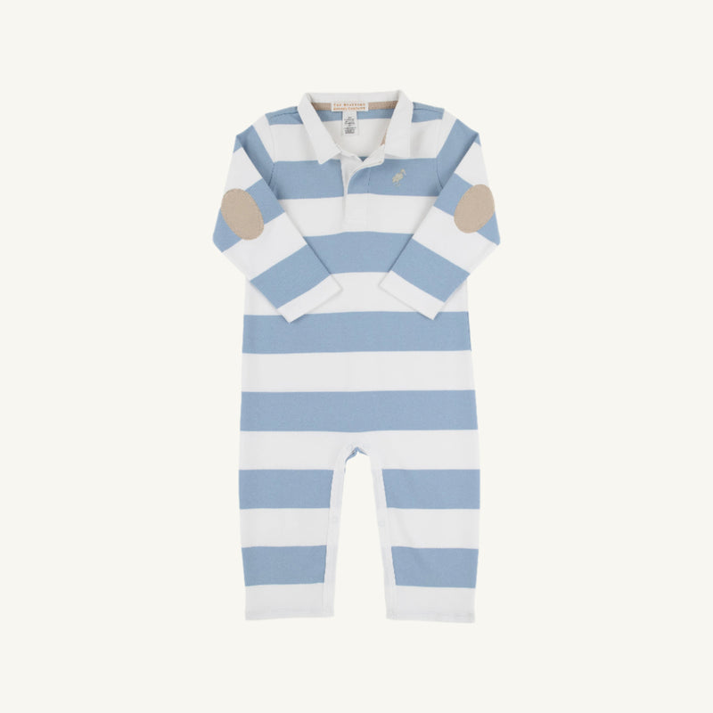 Sir Proper's Rugby Romper - Barrington Blue Stripe with Keeneland Khaki Stork