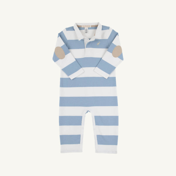 Sir Proper's Rugby Romper - Barrington Blue Stripe with Keeneland Khaki Stork
