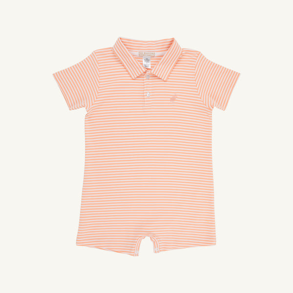Sir Proper’s Romper - Seashore Sherbet Stripe with Multicolor Stork, by The Beaufort Bonnet Company, is a short-sleeve baby romper featuring a pale pink and white striped pattern called Seashore Sherbet Stripe. The romper includes a collar, button placket, and short legs, and is crafted from soft Pima cotton. It is shown laid flat on a white background.