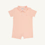 Sir Proper’s Romper - Seashore Sherbet Stripe with Multicolor Stork, by The Beaufort Bonnet Company, is a short-sleeve baby romper featuring a pale pink and white striped pattern called Seashore Sherbet Stripe. The romper includes a collar, button placket, and short legs, and is crafted from soft Pima cotton. It is shown laid flat on a white background.