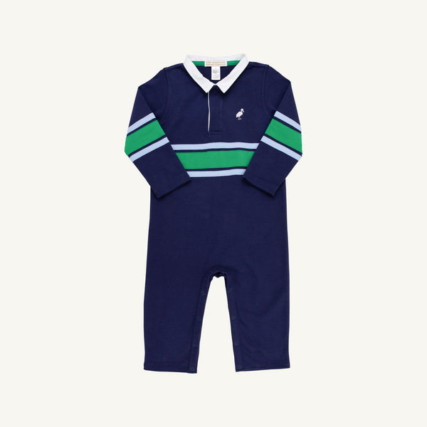 Sir Proper's Rugby Romper - Nantucket Navy with Beale Street Blue & Kiawah Kelly Green Stripe