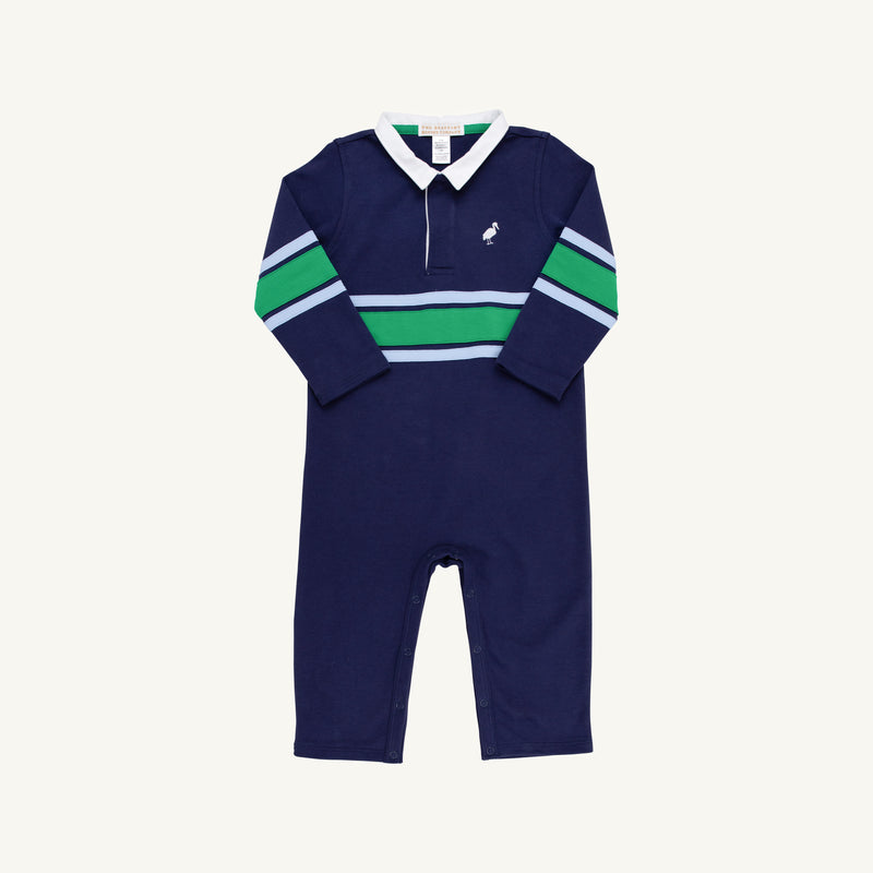 Sir Proper's Rugby Romper - Nantucket Navy with Beale Street Blue & Kiawah Kelly Green Stripe