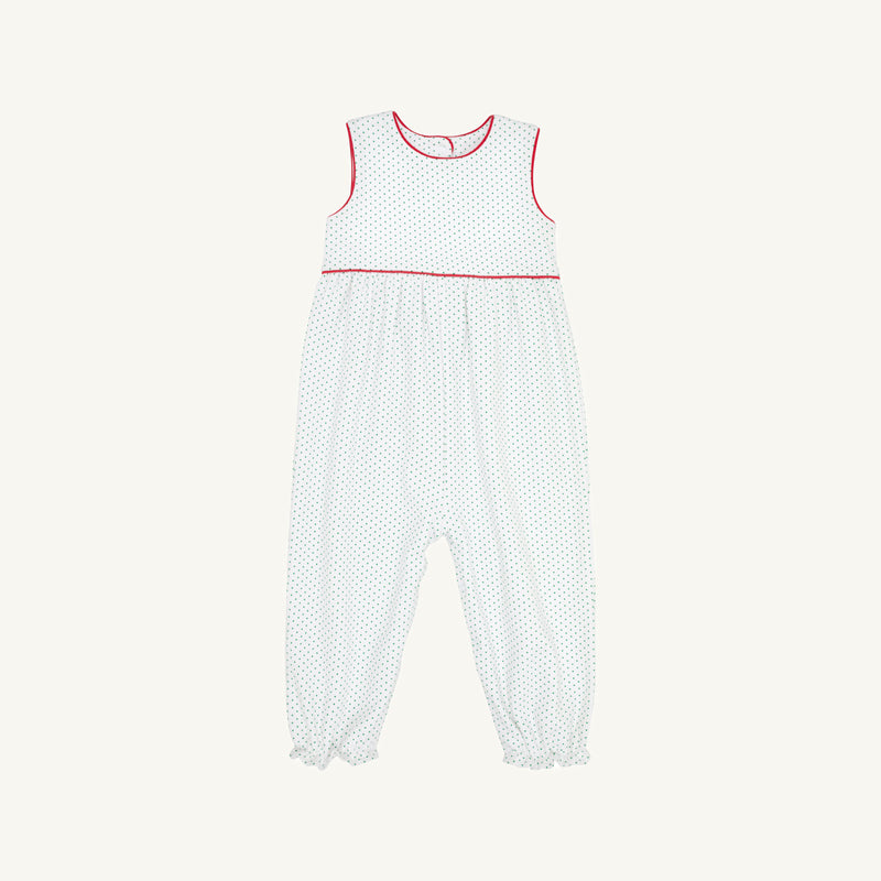 The Beaufort Bonnet Company’s Sleeveless Rebecca Romper in Kiawah Kelly Green Microdot with Richmond Red trim is crafted from soft Pima Cotton and features delicate microdots, charming red accents around the neckline and chest, and gathered elastic cuffs at the ankles—making it a perfect holiday outfit for your baby.