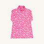 Tatum’s Turtleneck Dress - Bows of Holly by The Beaufort Bonnet Company is a long-sleeved pink turtleneck dress made from soft Pima cotton, adorned with an all-over pattern of white and light pink flowers with green leaves. This holiday dress is shown laid flat against a white background.