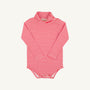 The Beaufort Bonnet Company’s Tatum’s Turtleneck & Onesie – Richmond Red Stripe features a red and white striped long-sleeve design, crafted from soft Pima cotton with convenient snap closures at the crotch, shown against a plain white background.