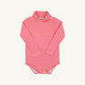 The Beaufort Bonnet Company’s Tatum’s Turtleneck & Onesie – Richmond Red Stripe features a red and white striped long-sleeve design, crafted from soft Pima cotton with convenient snap closures at the crotch, shown against a plain white background.