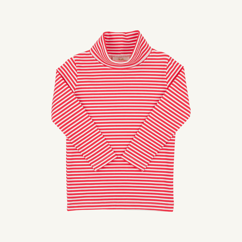 The Beaufort Bonnet Company Tatum’s Turtleneck & Onesie in Richmond Red Stripe, crafted from soft Pima cotton with red and white horizontal stripes, is shown laid flat on a plain background.