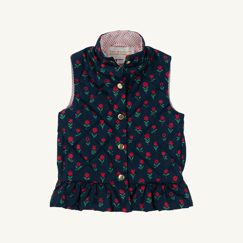 Quilted navy blue Vaughn Vest - Prescott Farm Flowers with Richmond Red Microdot featuring gold snaps and a ruffled hem.