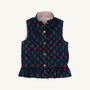 Quilted navy blue Vaughn Vest - Prescott Farm Flowers with Richmond Red Microdot featuring gold snaps and a ruffled hem.