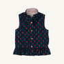 Quilted navy blue Vaughn Vest - Prescott Farm Flowers with Richmond Red Microdot featuring gold snaps and a ruffled hem.