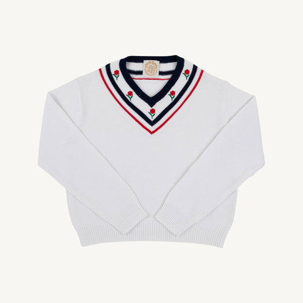 Vivie June V-Neck Sweater in Worth Avenue White with a striped neckline and embroidered flowers along the trim.