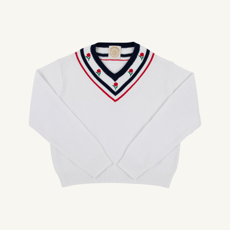 Vivie June V-Neck Sweater in Worth Avenue White with a striped neckline and embroidered flowers along the trim.
