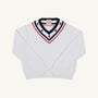Vivie June V-Neck Sweater in Worth Avenue White with a striped neckline and embroidered flowers along the trim.