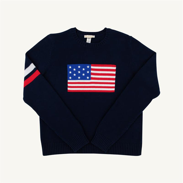 Women's Cissy Intarsia Sweater - Nantucket Navy, Worth Avenue White & Richmond Red Stripes with American Flag