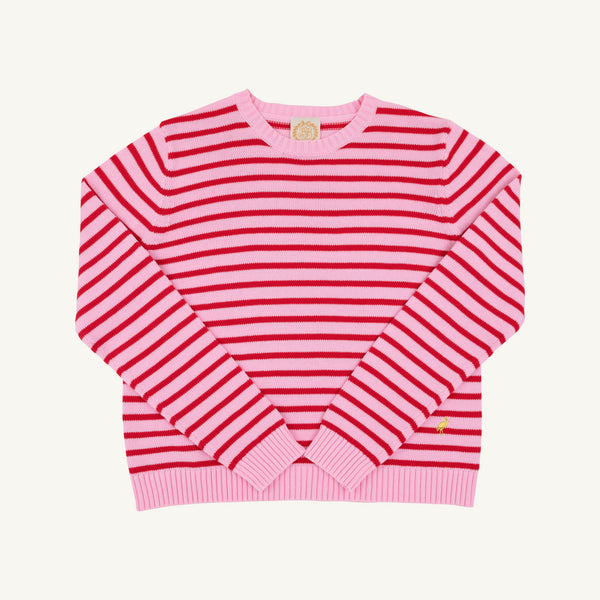The Beaufort Bonnet Company Women’s Cissy Sweater in Pier Party Pink & Richmond Red Stripe, crafted from cotton with long sleeves, a crew neckline, and ribbed cuffs and hem, is shown laid flat on a white background. This festive sweater can be paired with the matching Reece Ruffle Sweater or worn alone as a standout piece.