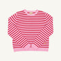 The Beaufort Bonnet Company Women’s Cissy Sweater in Pier Party Pink & Richmond Red Stripe, crafted from cotton with long sleeves, a crew neckline, and ribbed cuffs and hem, is shown laid flat on a white background. This festive sweater can be paired with the matching Reece Ruffle Sweater or worn alone as a standout piece.